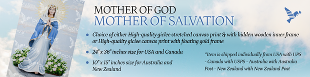 Advertisement for 'Mother of God, Mother of Salvation' print with product details.